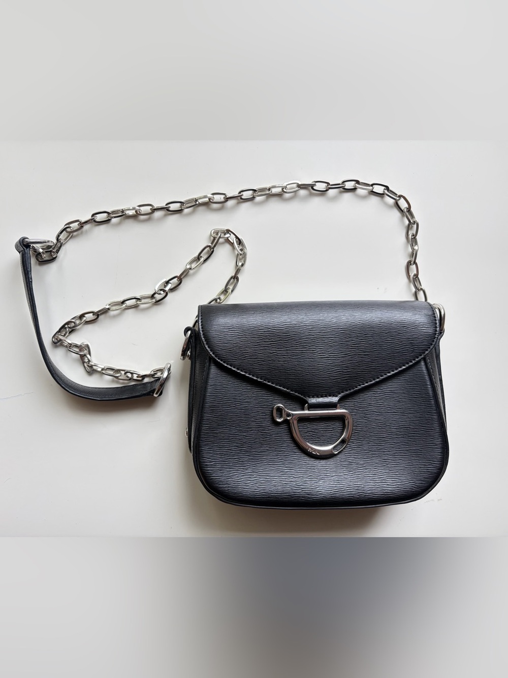 RALPH LAUREN Black Textured Leather Crossbody bag with Chain strap